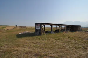 Historic log trading post building at Fort Connah Site near St. Ignatius, Montana